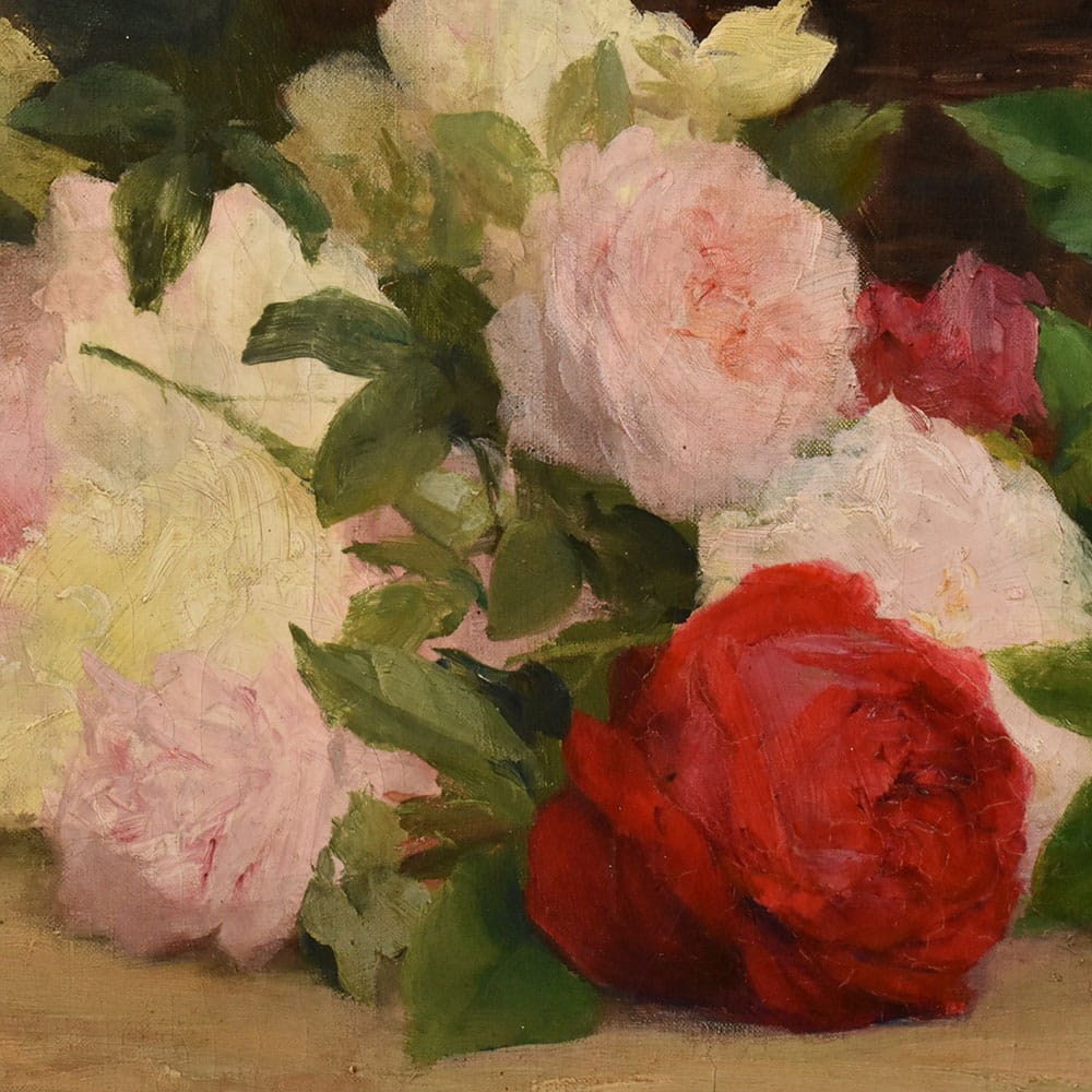 QF783 5 antique floral roses painting flower oil still life XIX